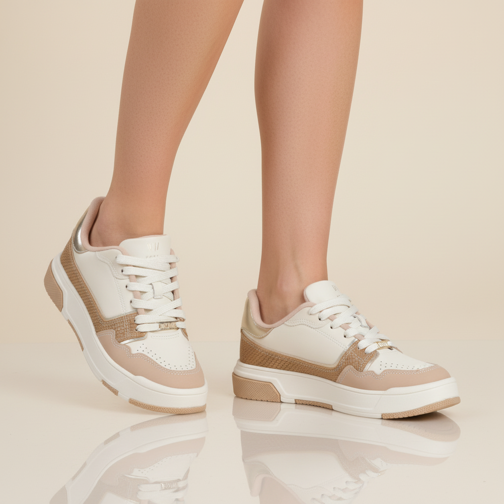 Zapatilla Casual Beige y Nude con Detalles Metalizados Vizzano