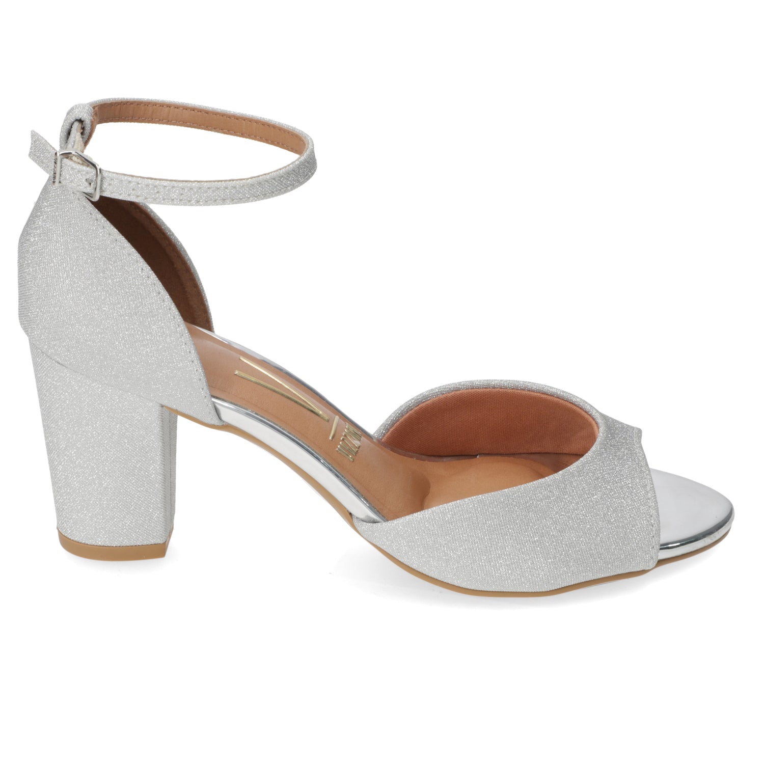 Sandalia Taco Cuadrado Textil Glitter Plateado 34 / Plateado