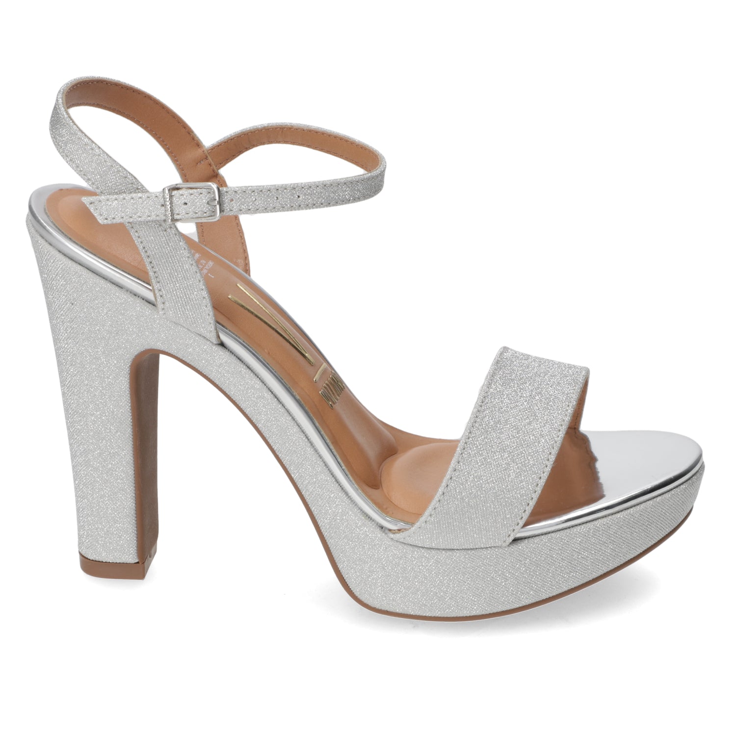 Sandalia Taco Cuadrado Textil Glitter Plateado 34