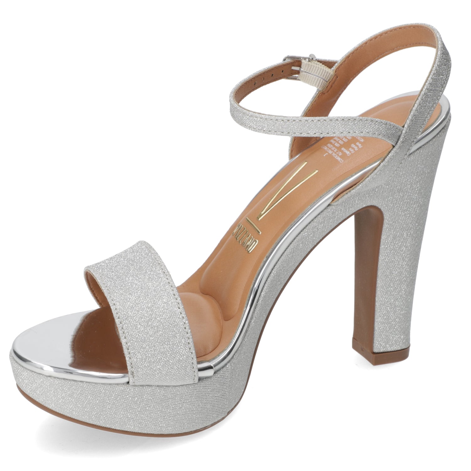 Sandalia Taco Cuadrado Textil Glitter Plateado 34