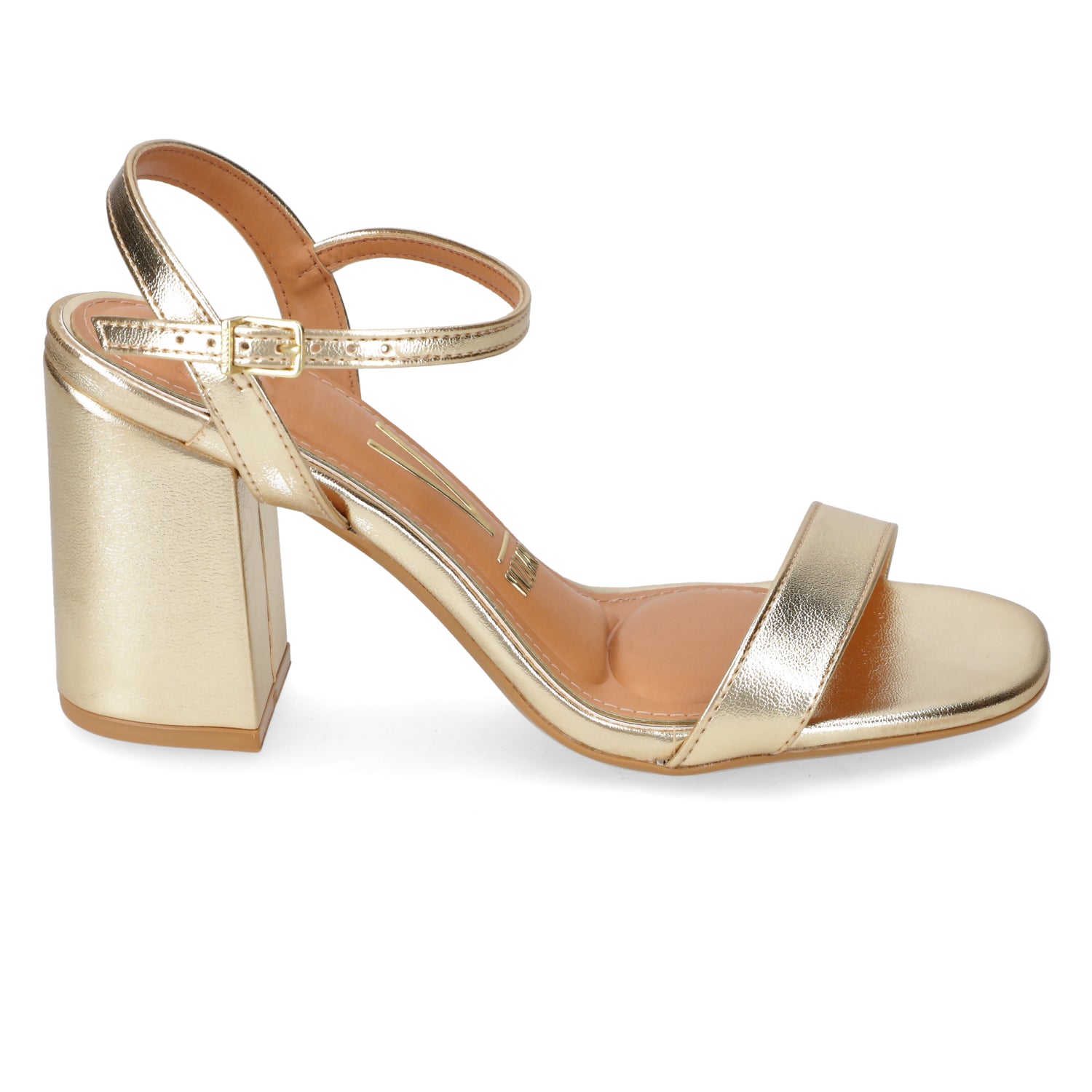 Sandalia Taco Cuadrado Eco Cuero Metalizada 34