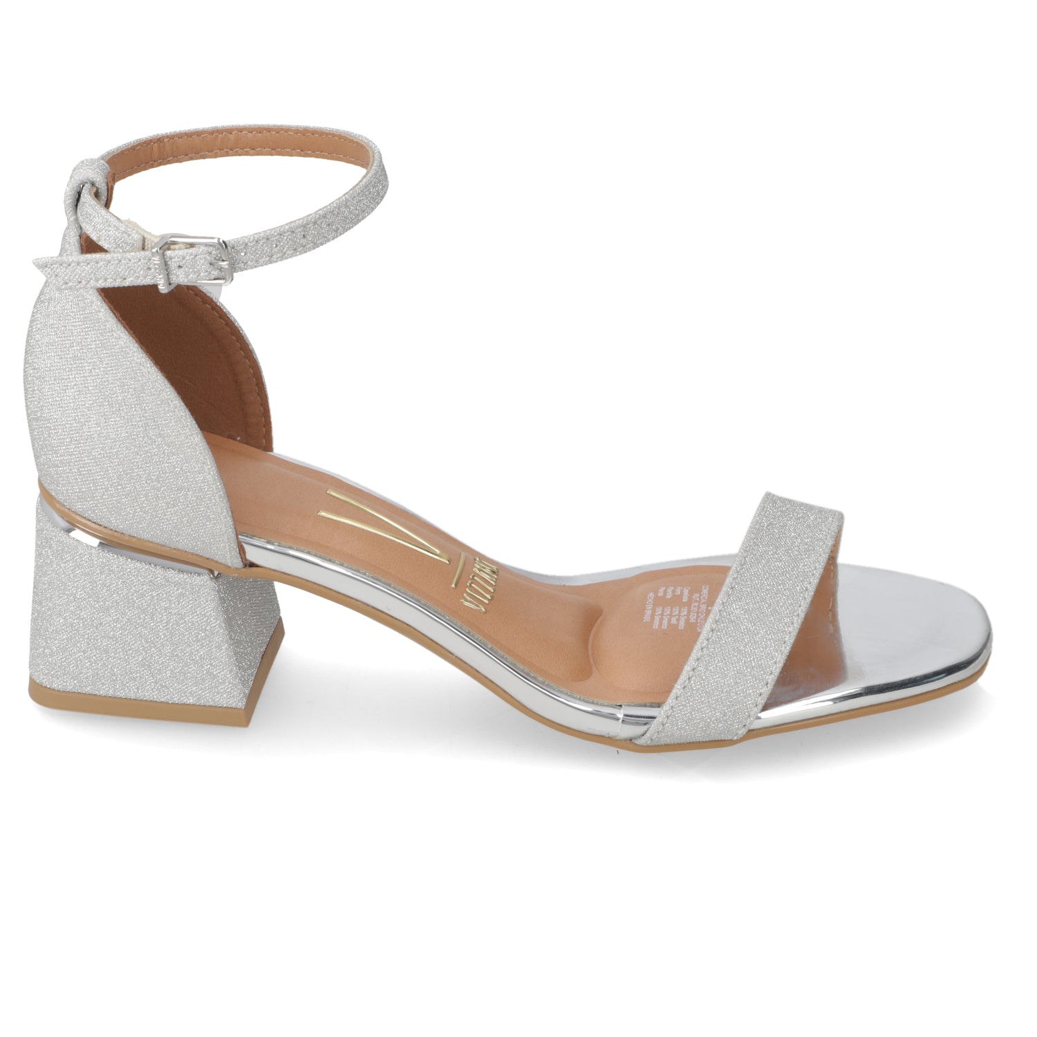 Sandalia Taco Ancho Textil Glitter Plateado 35