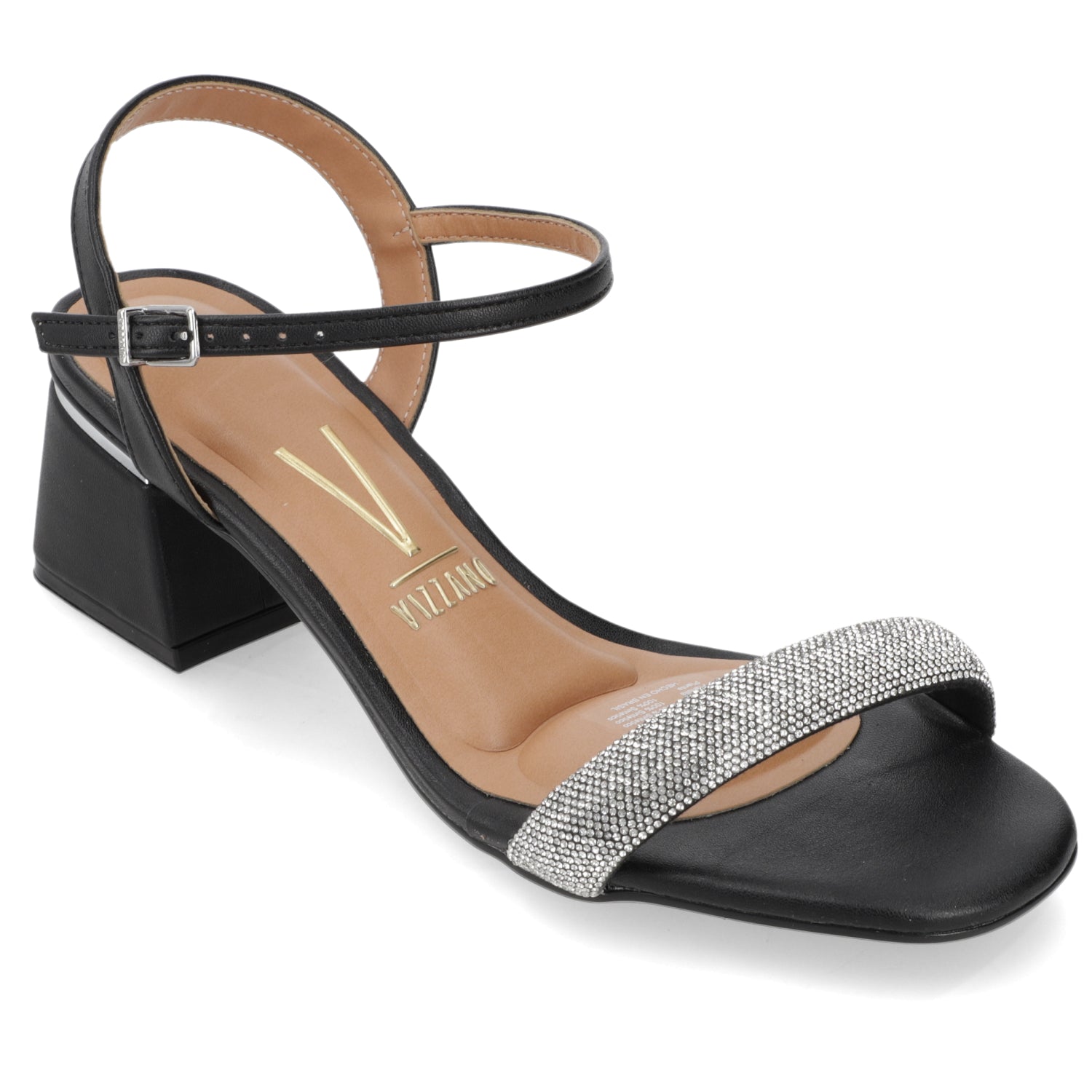 Sandalia Taco Ancho Eco Cuero Brillos Negro 35