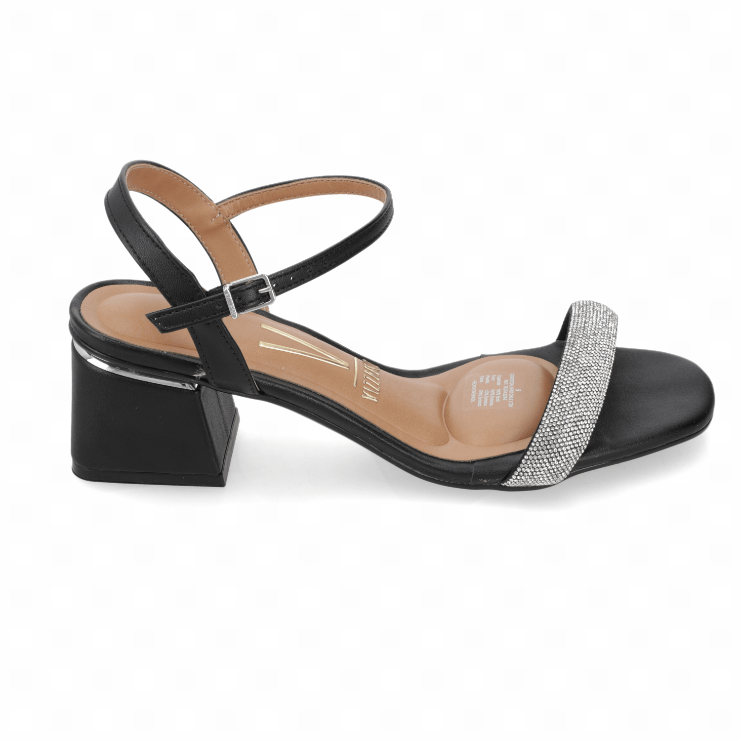 Sandalia Taco Ancho Eco Cuero Brillos Negro 35