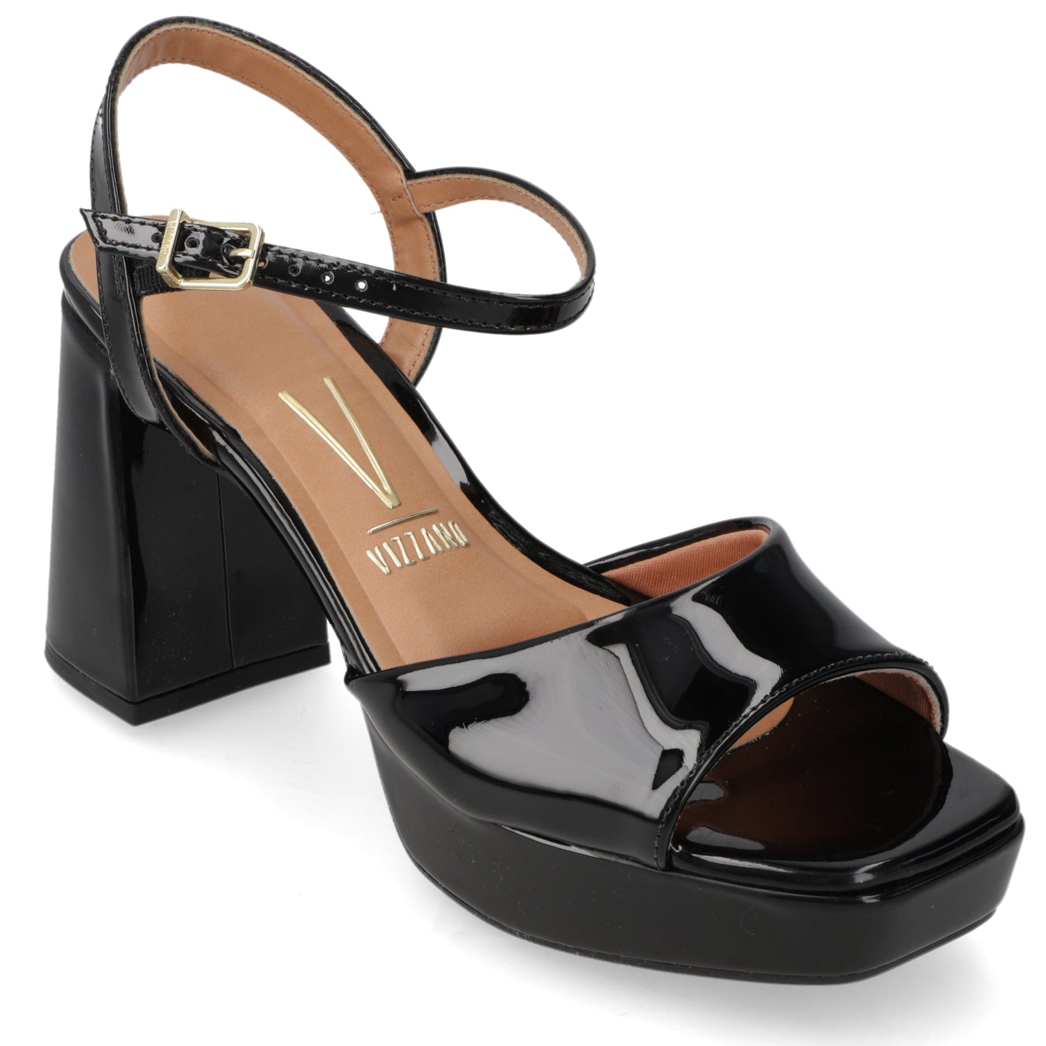 Sandalia Taco Ancho Alto Negro Vizzano Efecto Charol 35 / Negro