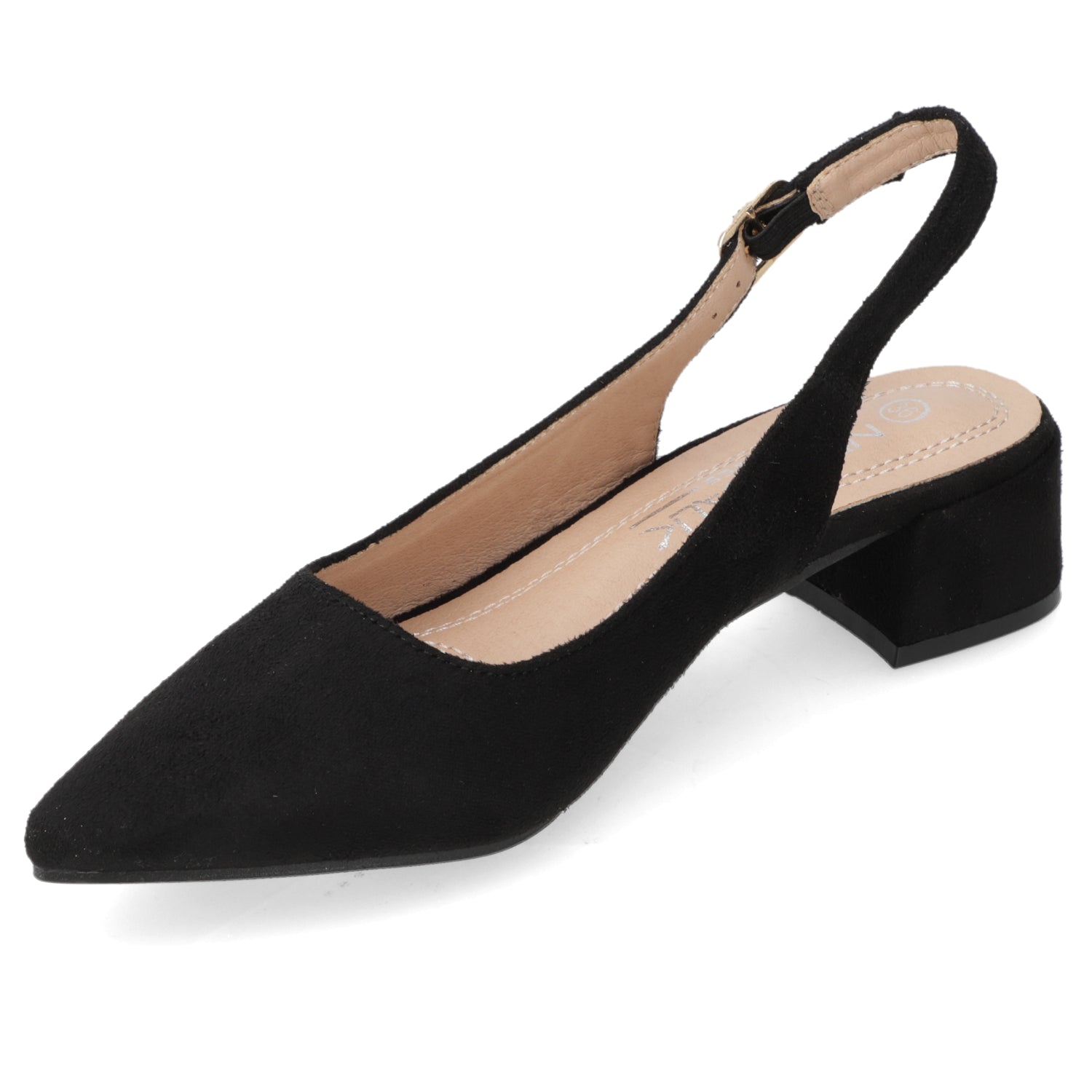 Zapato Taco Ancho Slingback Negro Gamuza