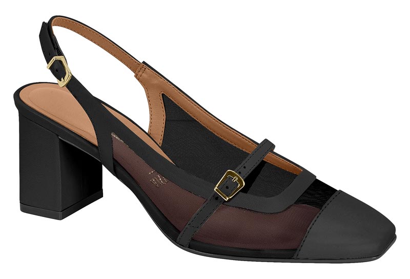 Zapato Mujer Taco Ancho Medio Slingback con Malla Negro Vizzano
