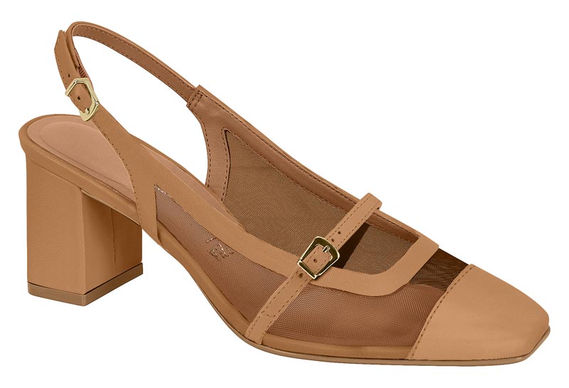 Zapato Mujer Taco Ancho Medio Slingback con Malla Camel Vizzano