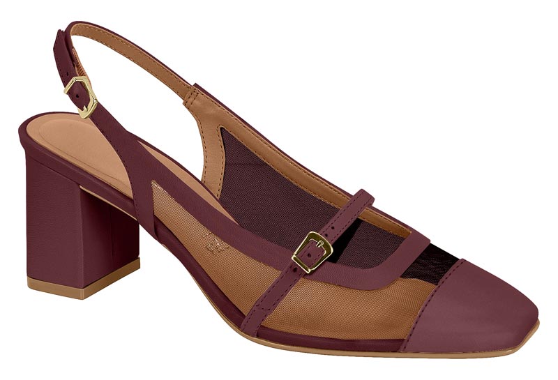 Zapato Mujer Taco Ancho Medio Slingback con Malla Vino Vizzano