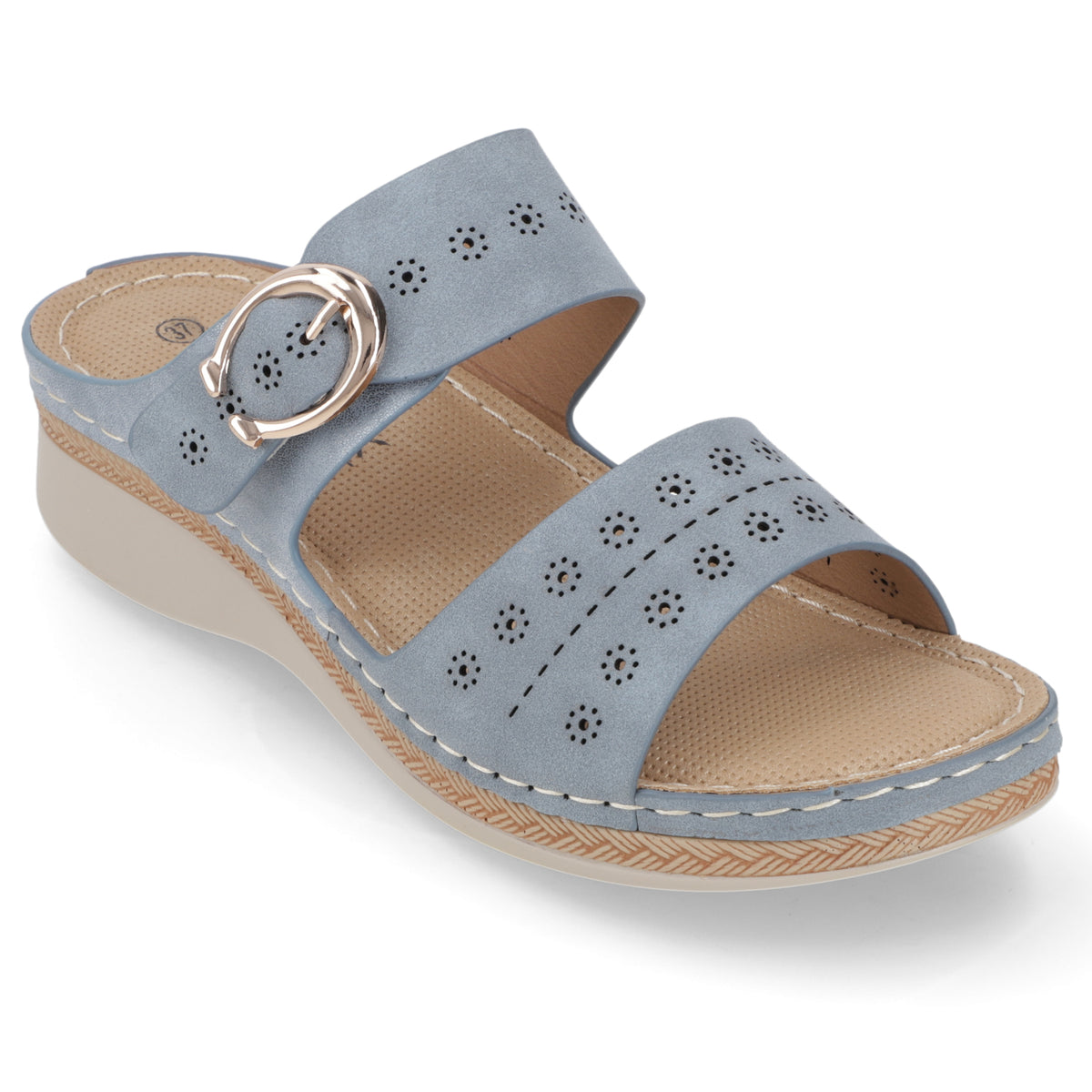 Sandalia Taco Cuña Medio Celeste New Walk Ecocuero 35 / Celeste