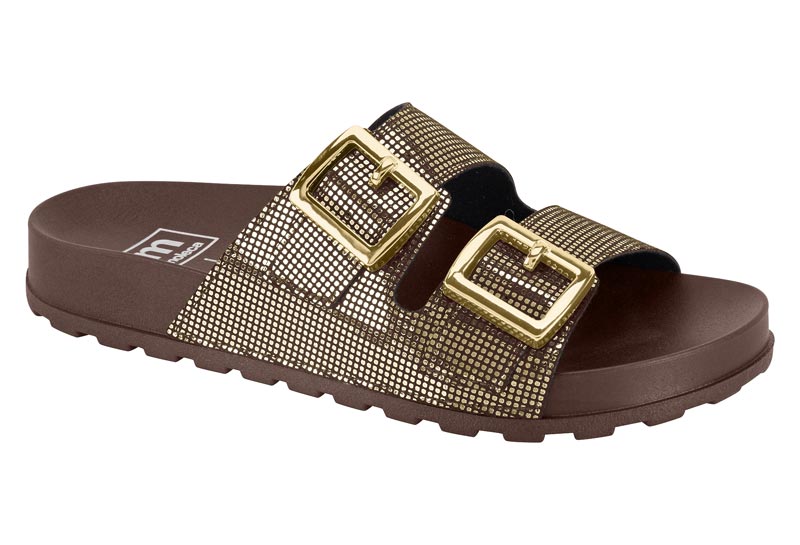 Sandalia Mujer Taco Medio Dos Hebillas Chocolate y Dorado Moleca