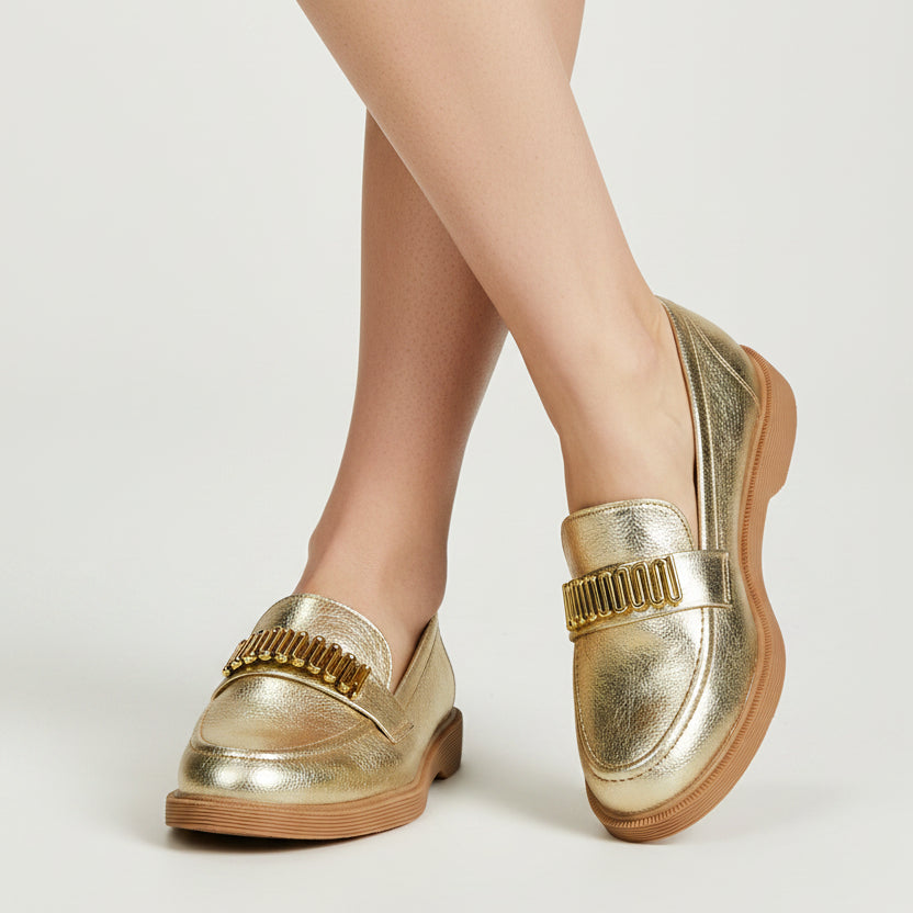 Mocasin Moleca Metalizados Dorado