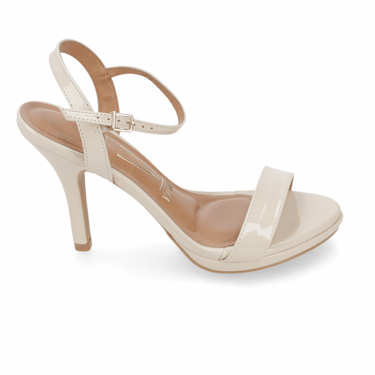 Sandalia Taco Aguja Alto Crema Vizzano Efecto Charol 34 / Crema