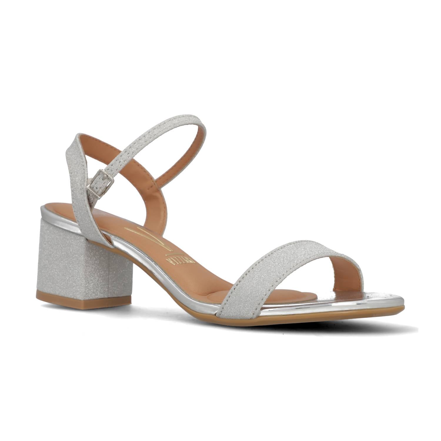 Sandalia Taco Cuadrado Textil Glitter Plateado 34 / Plateado
