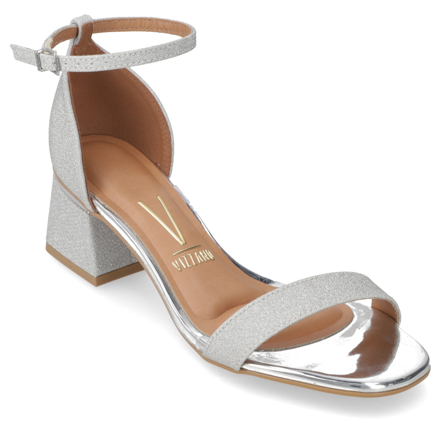 Sandalia Taco Ancho Textil Glitter Plateado 35