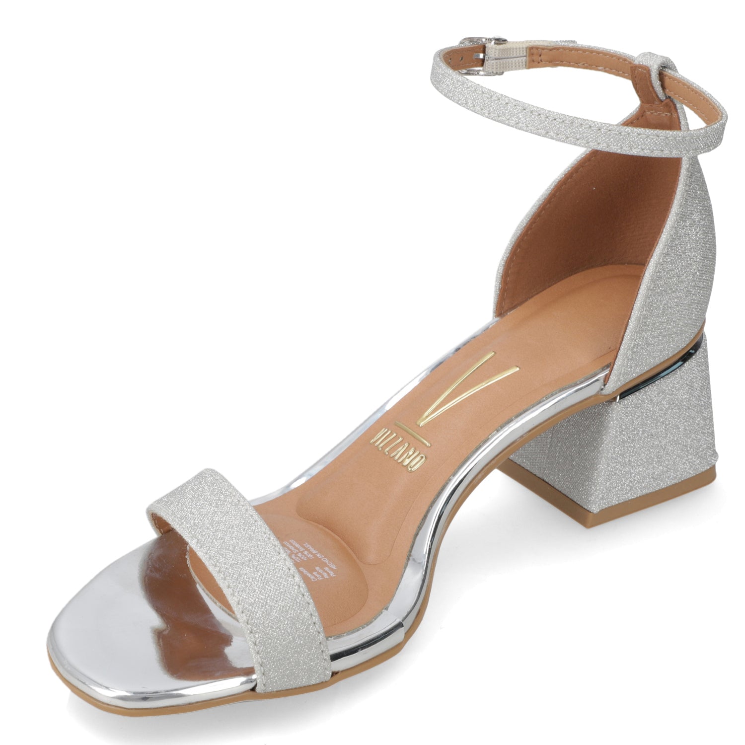 Sandalia Taco Ancho Textil Glitter Plateado 35