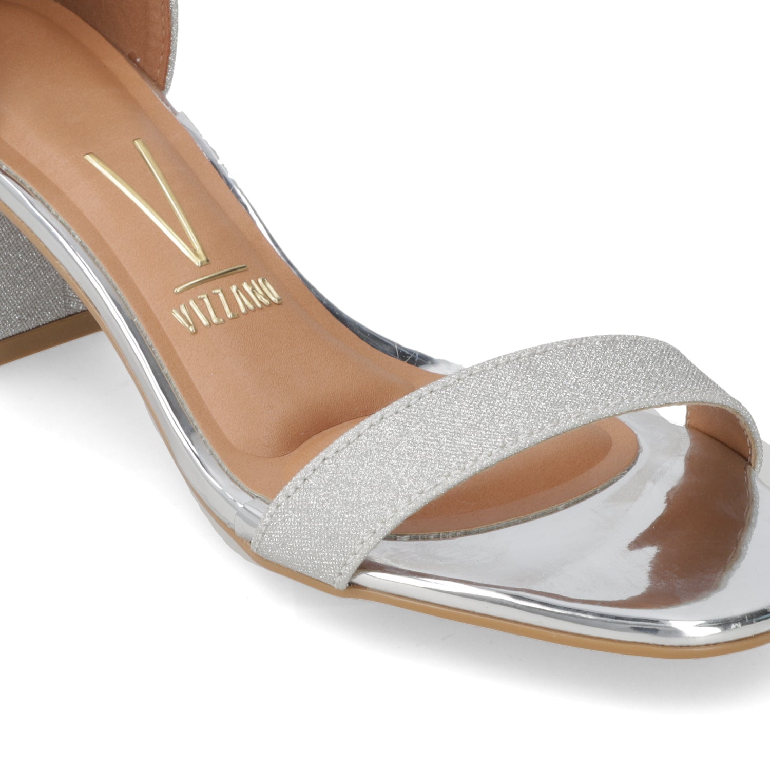 Sandalia Taco Ancho Textil Glitter Plateado 35