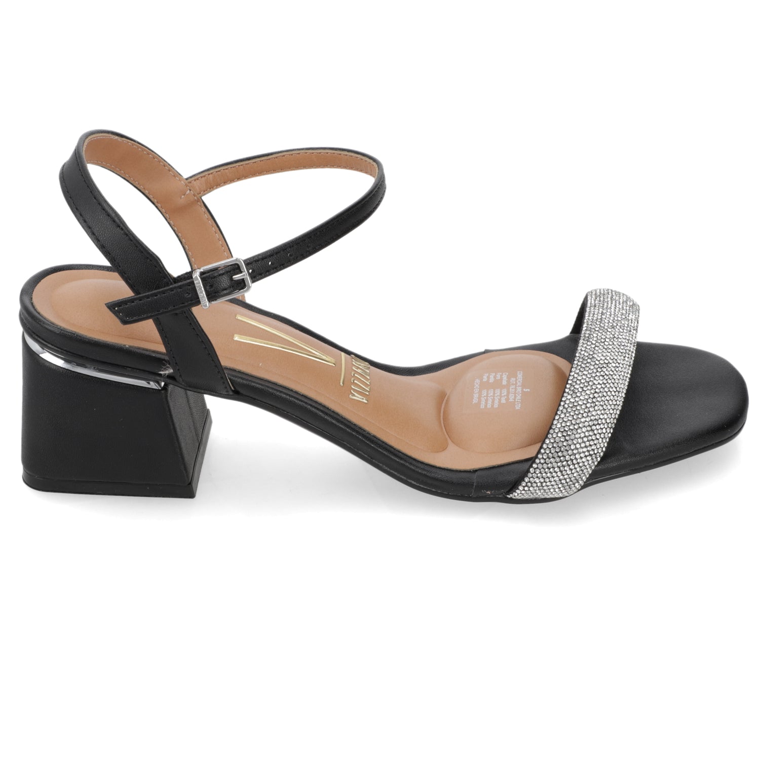 Sandalia Taco Ancho Eco Cuero Brillos Negro 35