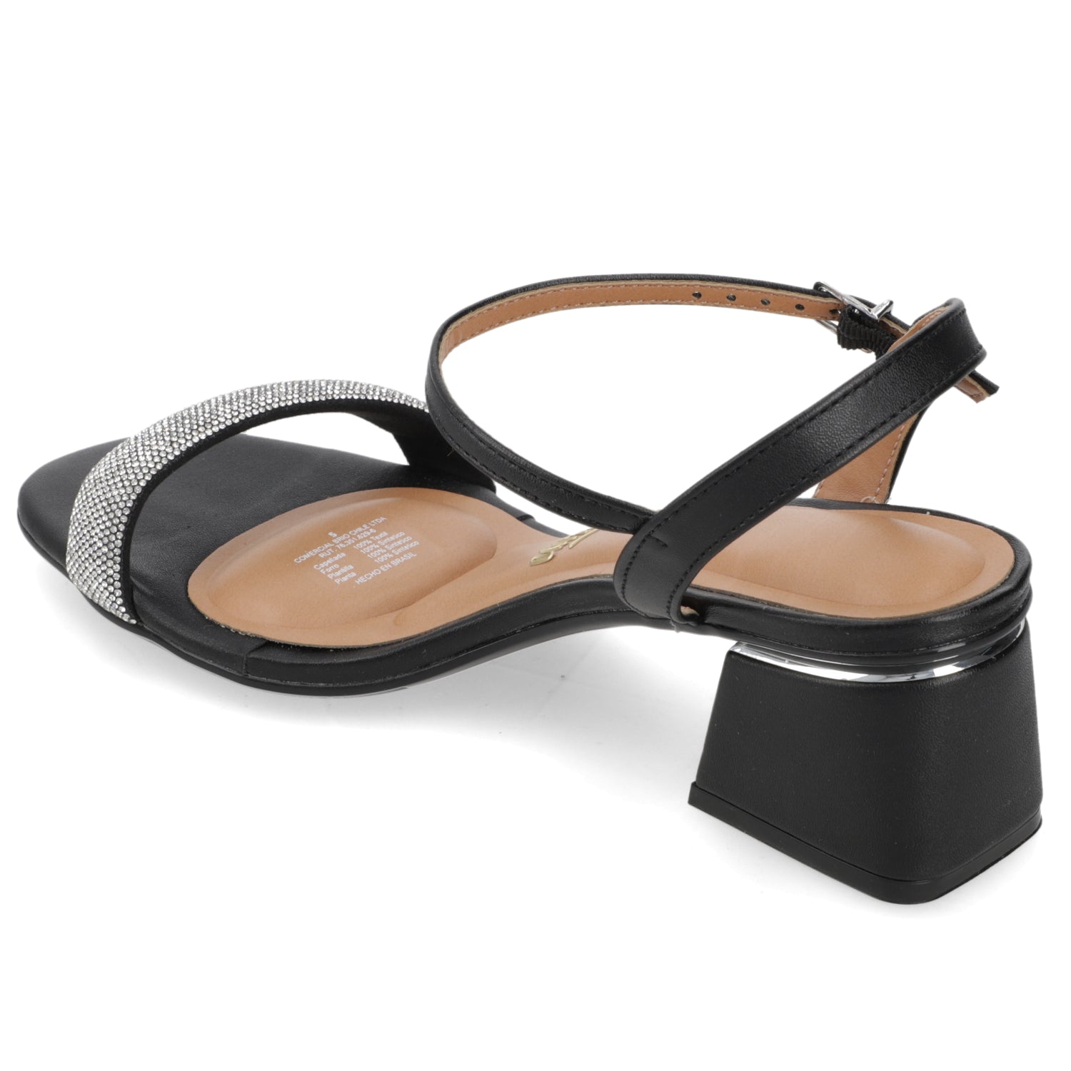 Sandalia Taco Ancho Eco Cuero Brillos Negro 35