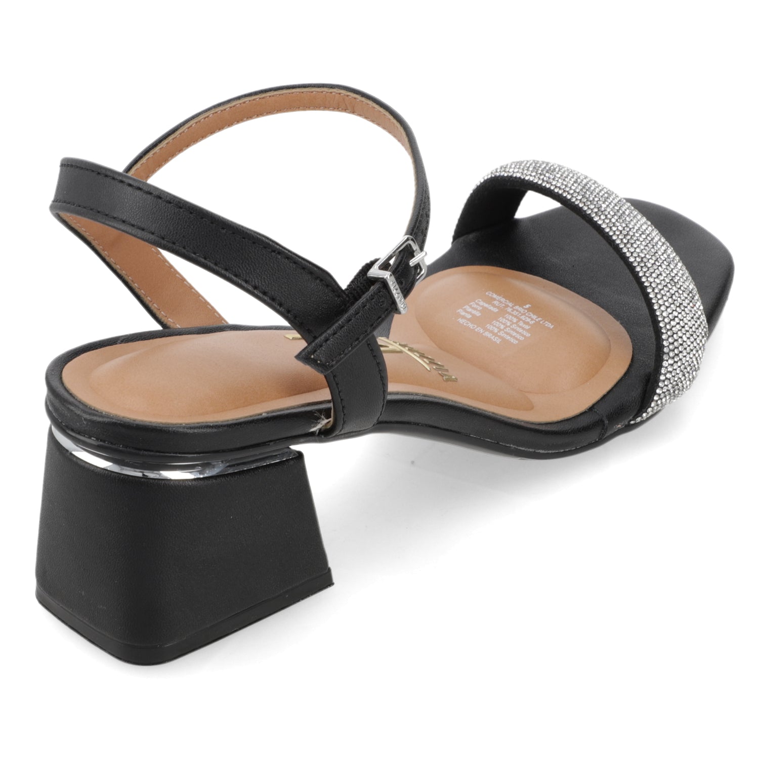 Sandalia Taco Ancho Eco Cuero Brillos Negro 35