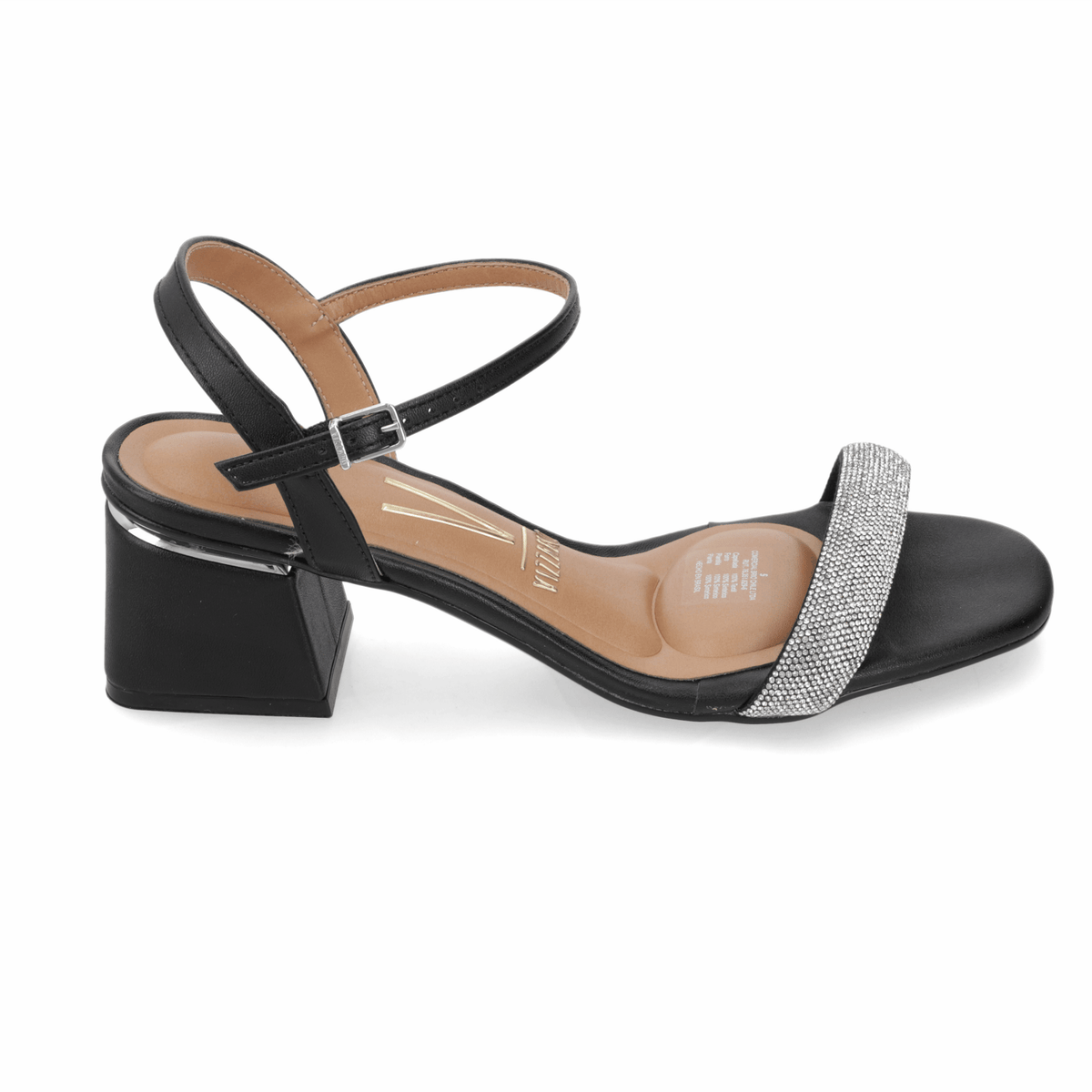 Sandalia Taco Ancho Eco Cuero Brillos Negro 35