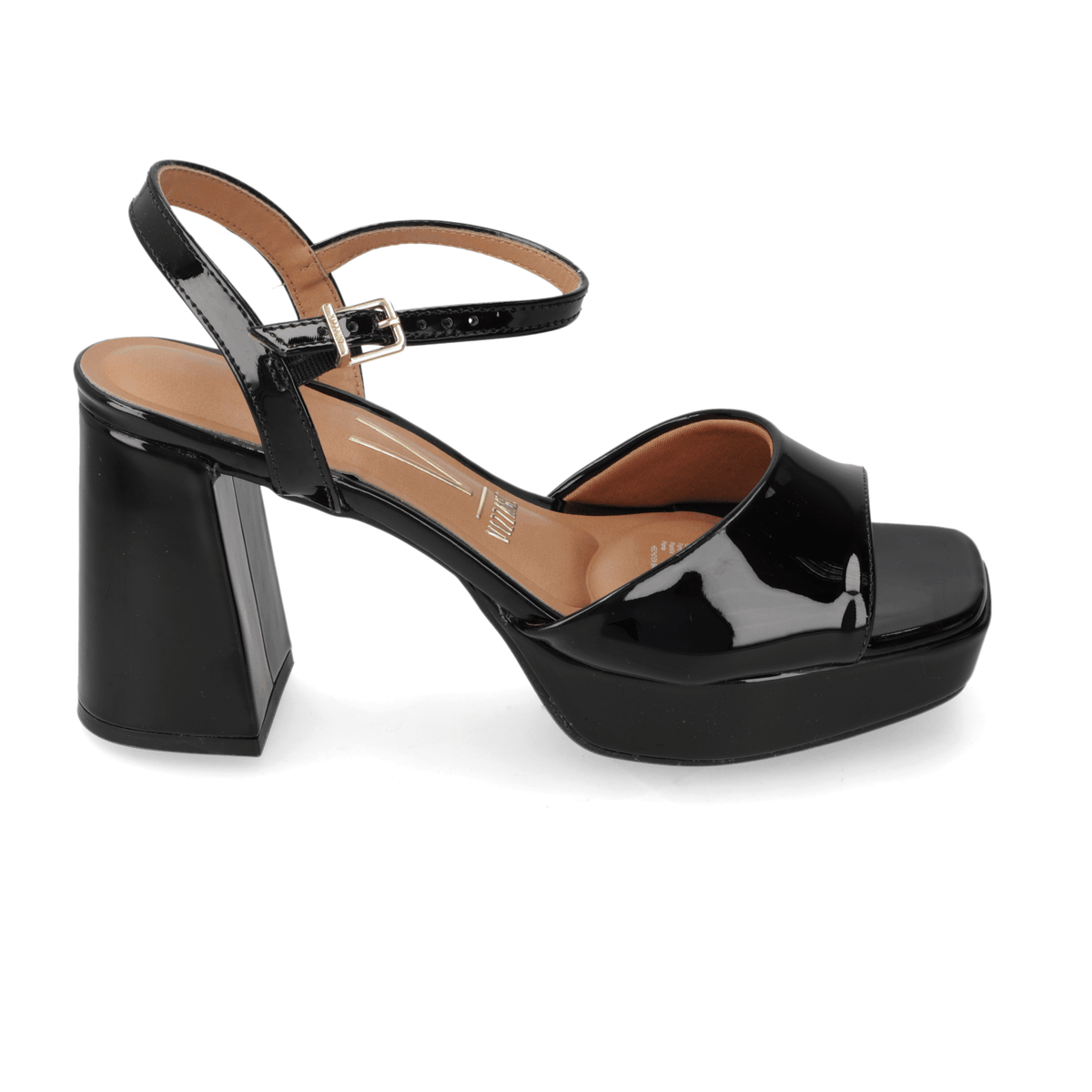 Sandalia Taco Ancho Alto Negro Vizzano Efecto Charol 35 / Negro