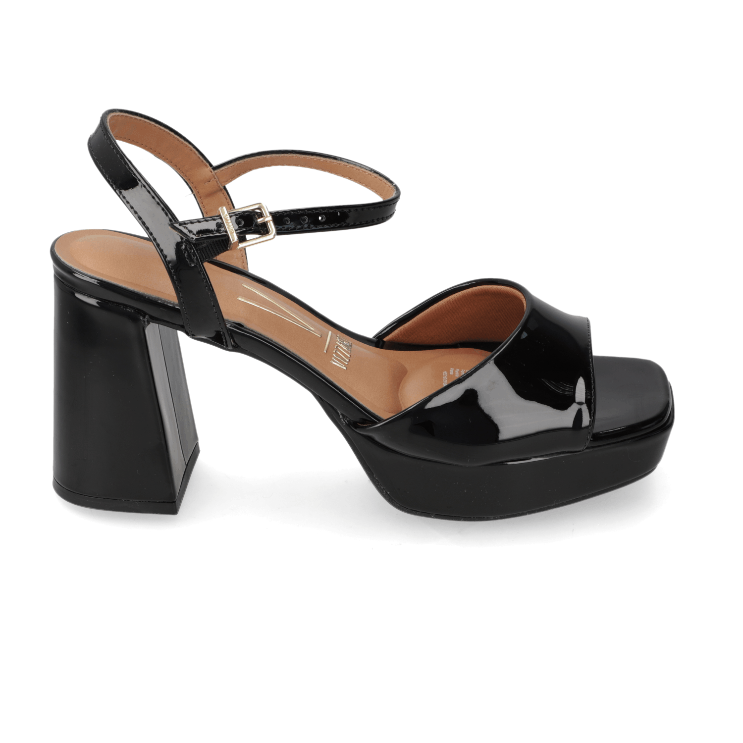 Sandalia Taco Ancho Alto Negro Vizzano Efecto Charol 35 / Negro