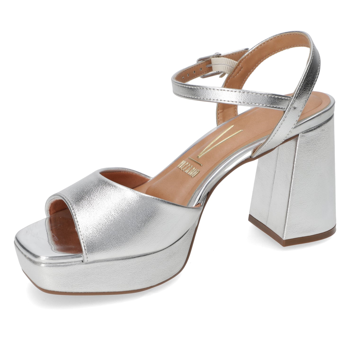 Sandalia Taco Ancho Metalizada 35 / Plateado