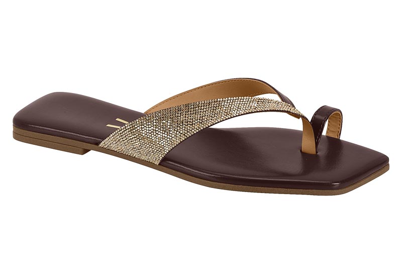 Sandalia Plana Mujer Tira Brillante Chocolate y Dorado Vizzano