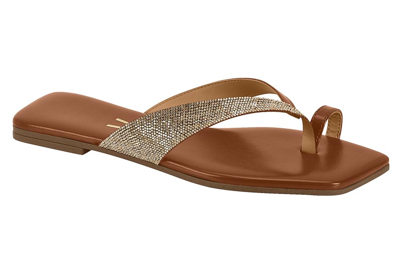Sandalia Plana Mujer Tira Brillante Camel y Dorado Vizzano